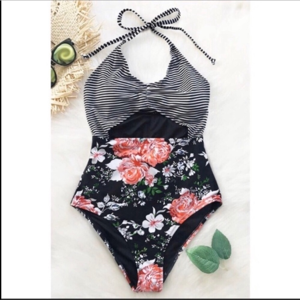 CupShe Floral & Striped One Piece Cutout Swimsuit